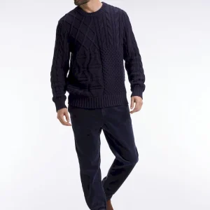 Pull col rond en laine et coton torsadé marine