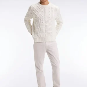 Pull col rond en laine et coton torsadé blanc