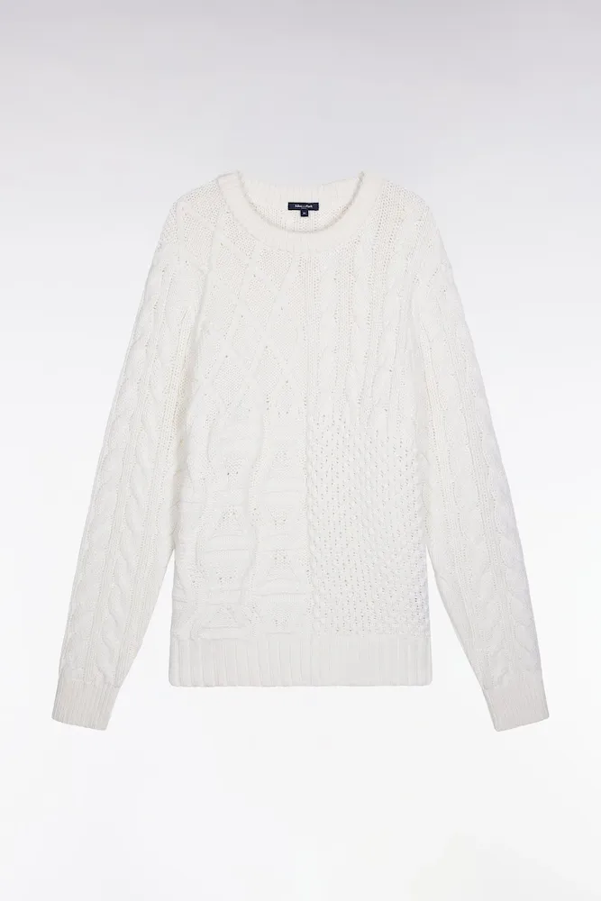 Pull Col Rond En Laine Et Coton Torsadé Blanc