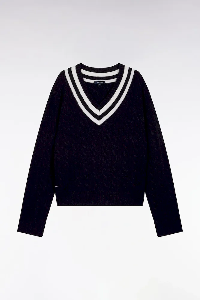 Pull cricket col V en laine et coton marine coupe Oversized – Bild 2