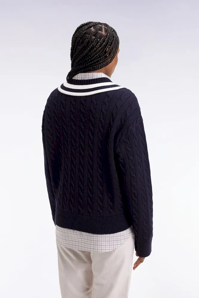 Pull cricket col V en laine et coton marine coupe Oversized – Bild 4