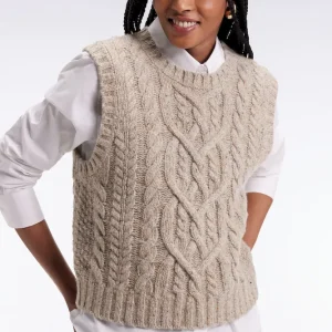 Pull à torsades sans manches en laine vierge mélangée beige coupe Relaxed