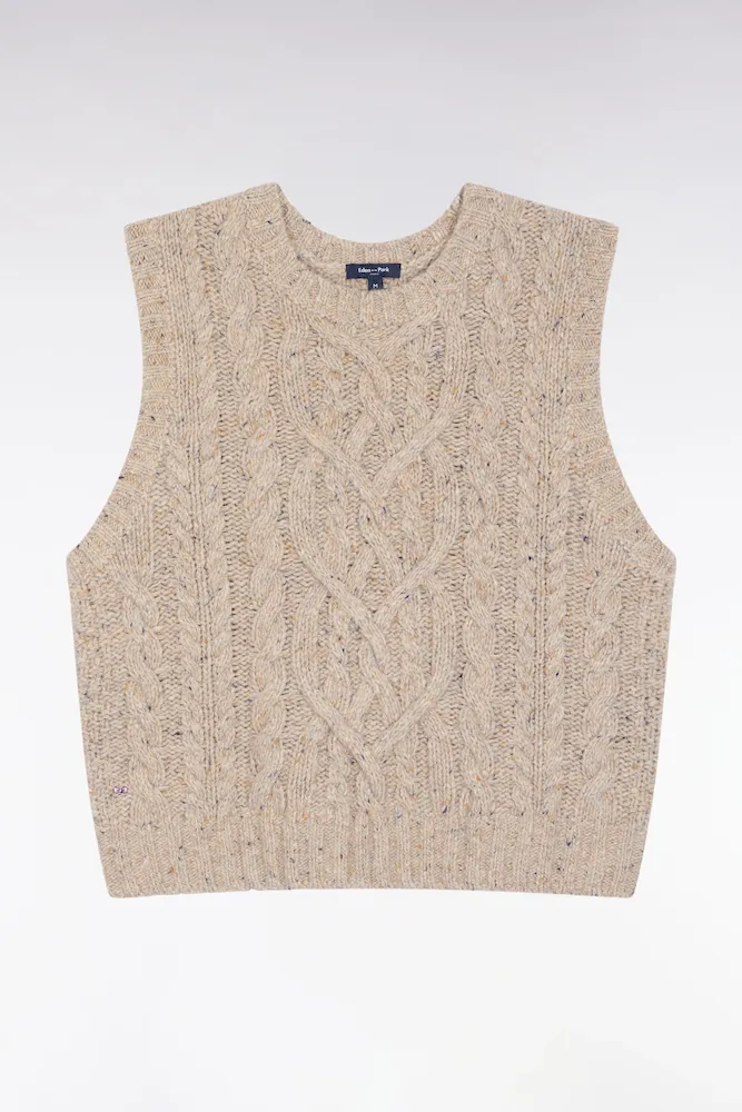 Pull à Torsades Sans Manches En Laine Vierge Mélangée Beige Coupe Relaxed