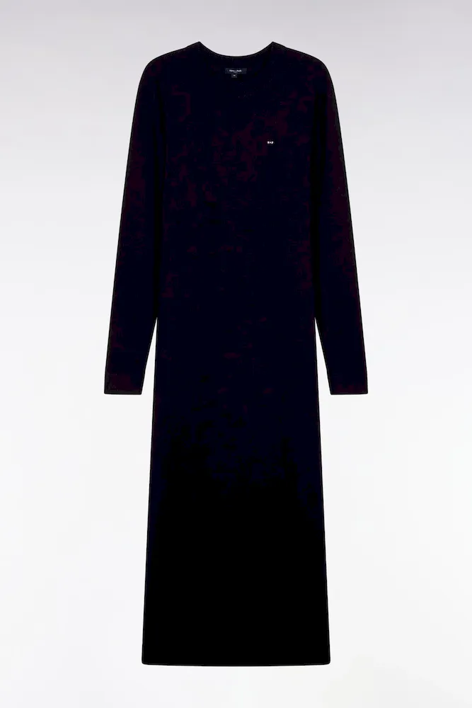 Robe En Laine Mérinos Marine à Col Rond