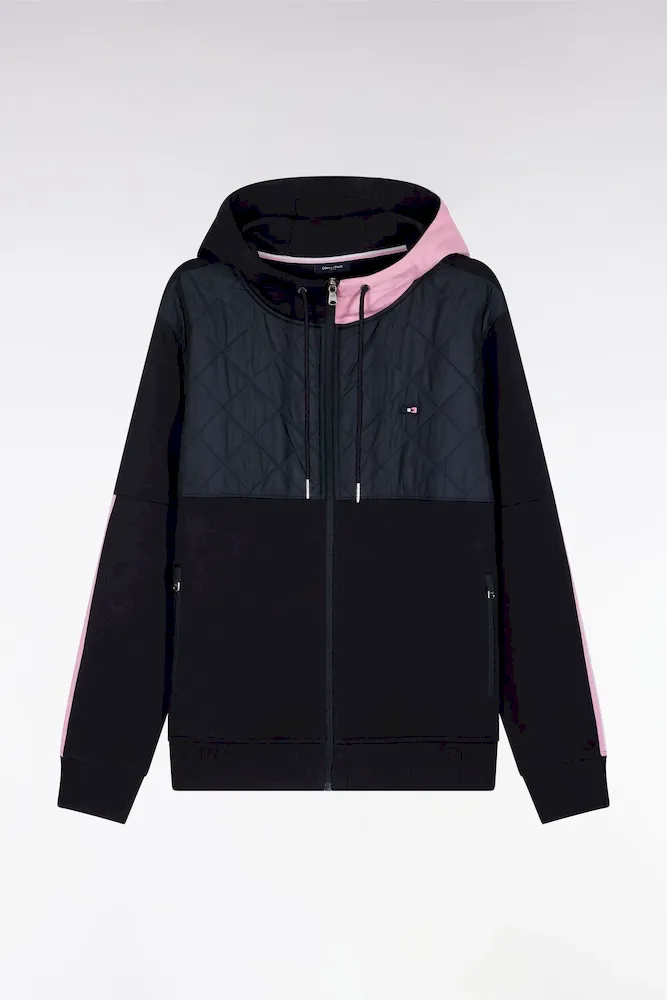 Sweatshirt Zippé En Interlock Bimatière Matelassé Marine Et Rose