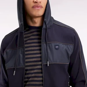 Sweatshirt zippé à capuche en molleton et nylon marine et beige