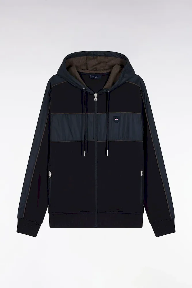 Sweatshirt Zippé à Capuche En Molleton Et Nylon Marine Et Beige