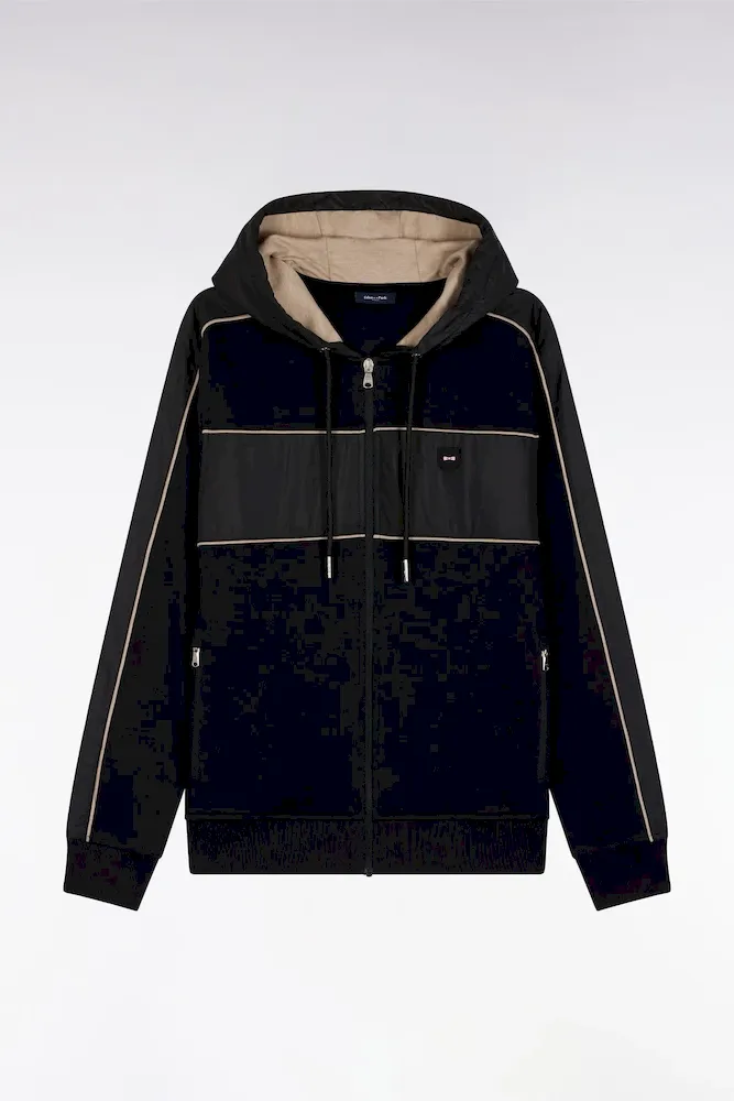 Sweatshirt Zippé à Capuche En Molleton Et Nylon Noir Et Beige
