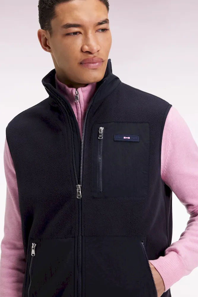 Sweatshirt sans manches zippé à capuche bimatière marine coupe droite