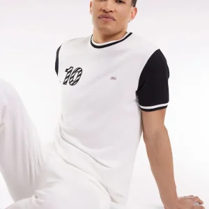 T-shirt bicolore à manches courtes en coton blanc broderie 10