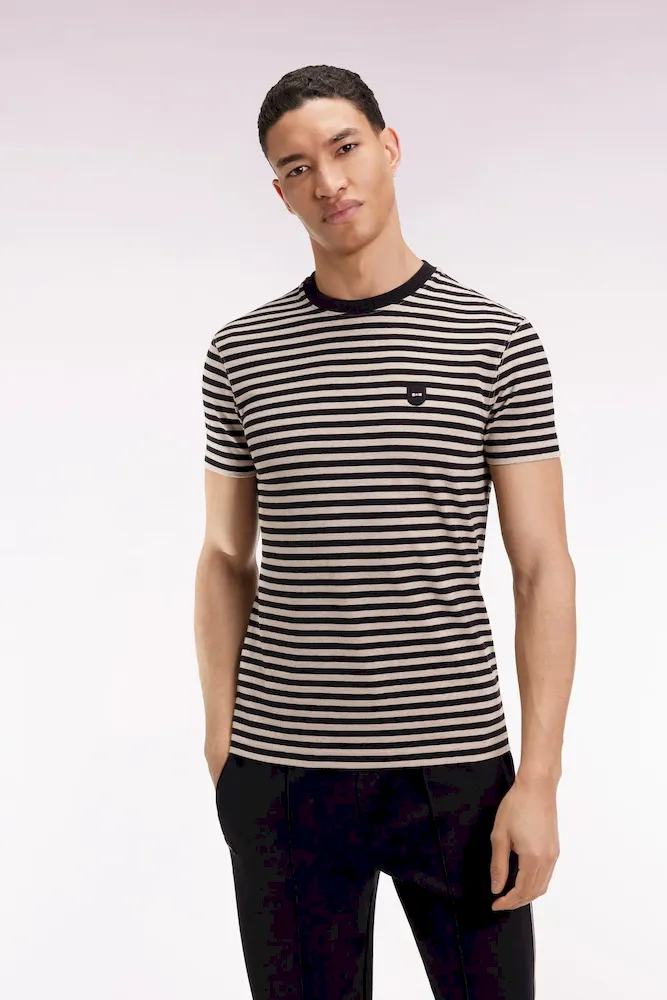 T-shirt à manches courtes en jersey de coton rayé marine et marron – Bild 3