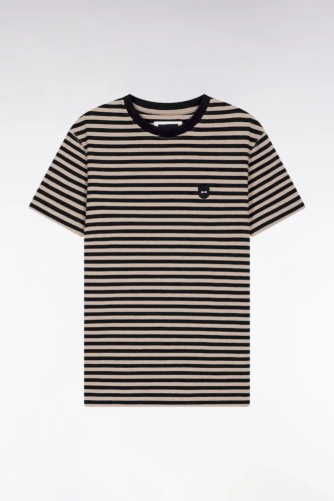 T-shirt à Manches Courtes En Jersey De Coton Rayé Marine Et Marron
