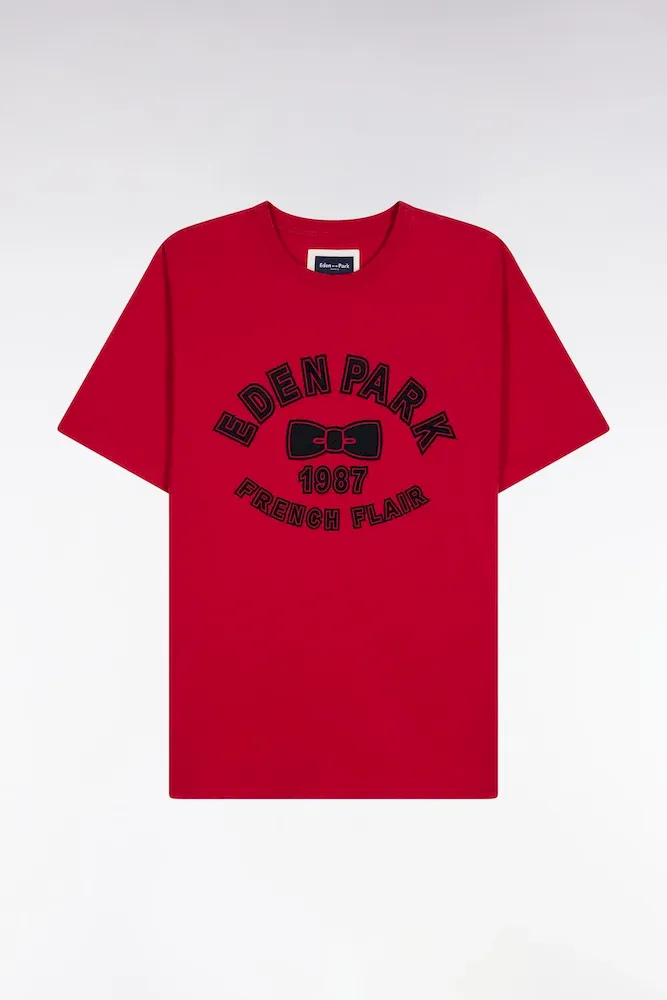 T-shirt à Manches Courtes En Coton Rouge Impression Effet Velours