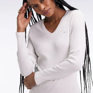 T-shirt à manches longues en coton Pima côtelé blanc coupe slim