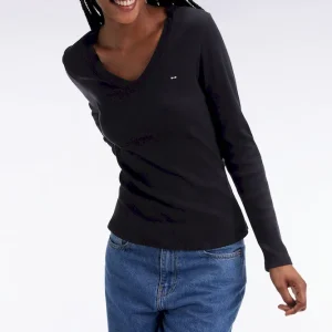 T-shirt à manches longues en coton Pima côtelé noir coupe slim