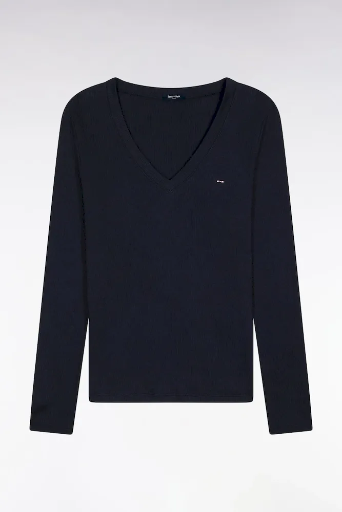 T-shirt à Manches Longues En Coton Pima Côtelé Marine Coupe Slim