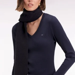 T-shirt à manches longues en coton Pima côtelé marine coupe slim