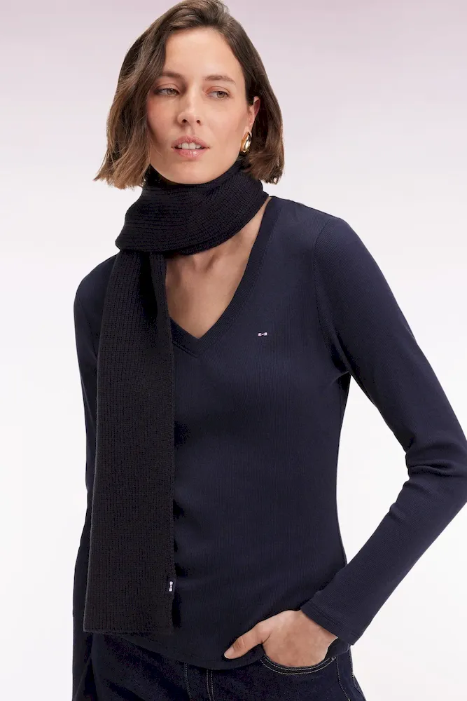 T-shirt à manches longues en coton Pima côtelé marine coupe slim