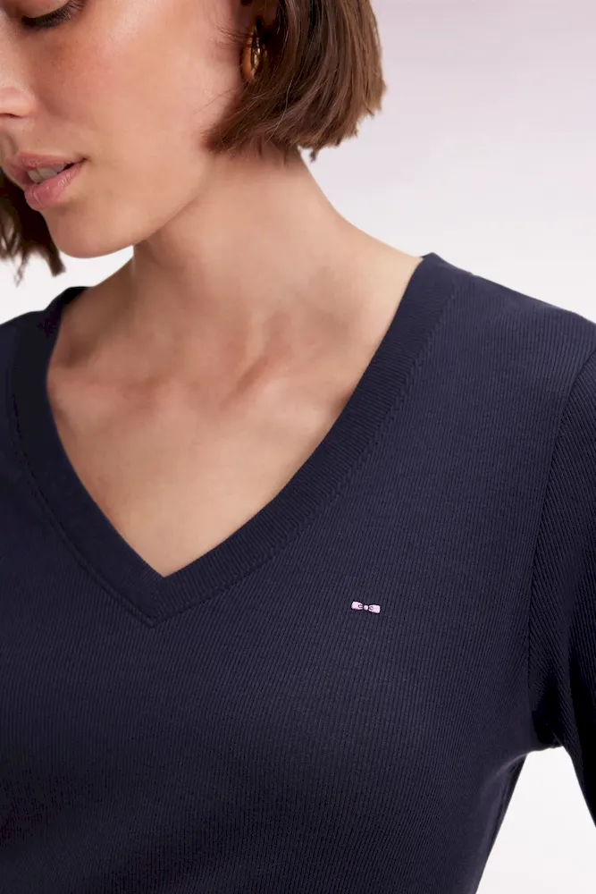 T-shirt à manches longues en coton Pima côtelé marine coupe slim – Bild 4