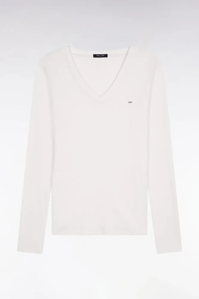 T-shirt à Manches Longues En Coton Pima Côtelé Blanc Coupe Slim