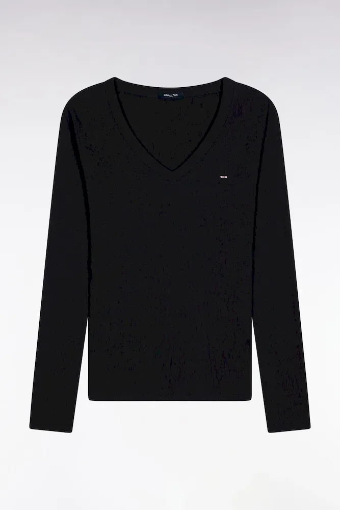 T-shirt à Manches Longues En Coton Pima Côtelé Noir Coupe Slim