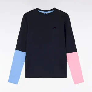 Alternative view of T-shirt à manches longues bicolores en coton marine coupe droite