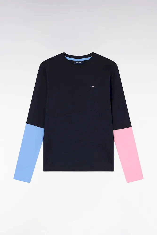 T-shirt à Manches Longues Bicolores En Coton Marine Coupe Droite