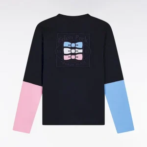 T-shirt à manches longues bicolores en coton marine coupe droite