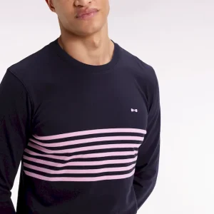 T-shirt à manches longues en coton marine à rayures roses