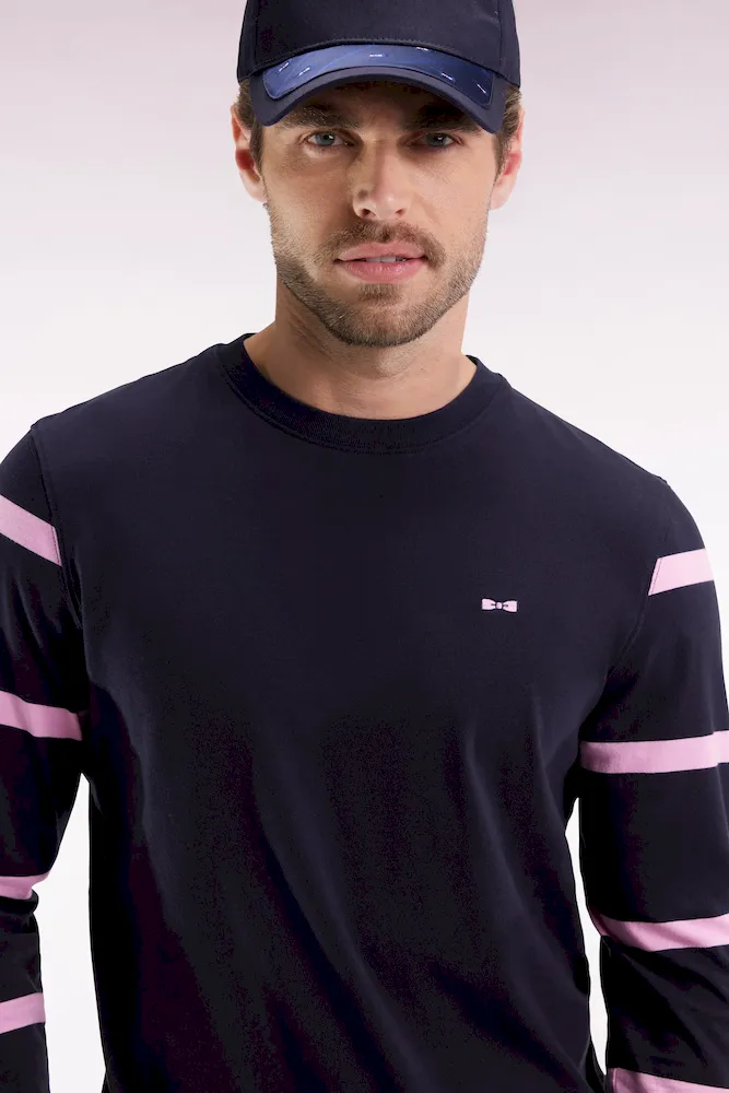 T-shirt à manches longues en coton marine à manches rayées