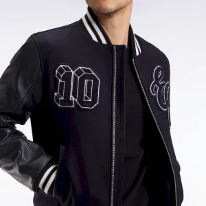 Blouson teddy bimatière manches cuir marine