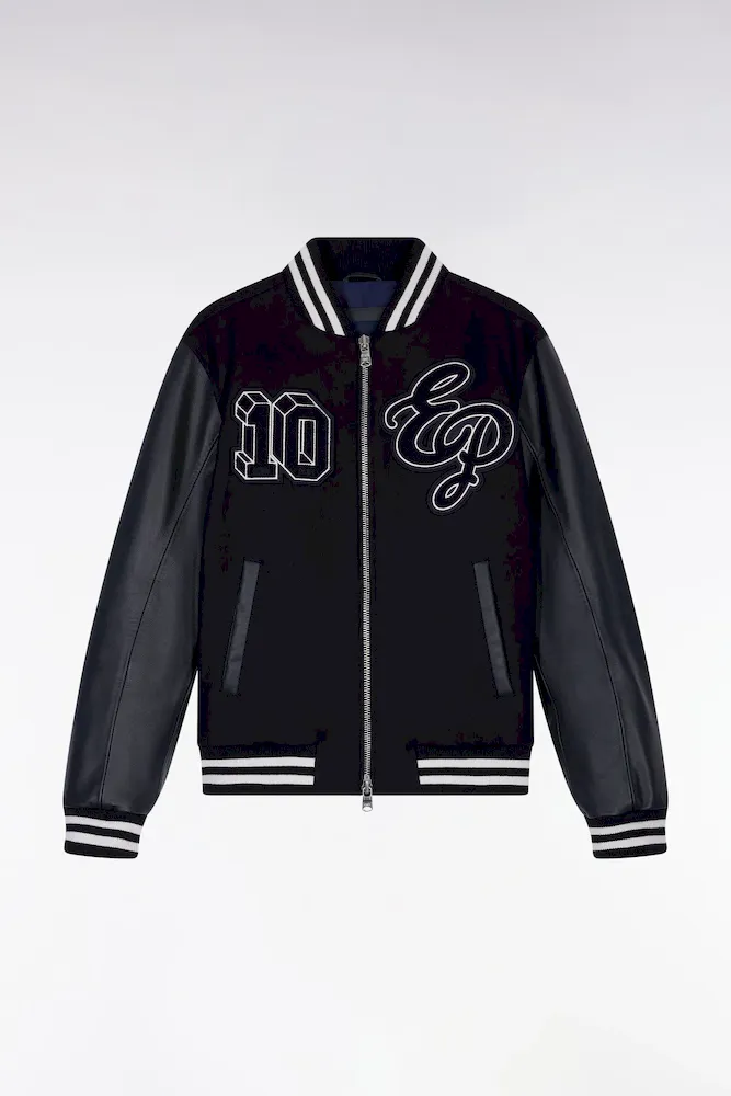 Blouson Teddy Bimatière Manches Cuir Marine