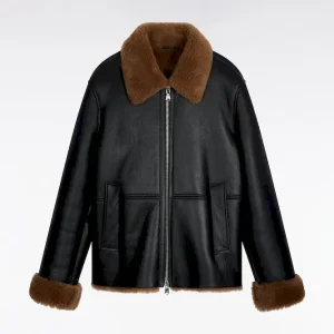 Alternative view of Blouson en peau lainée noir col marron