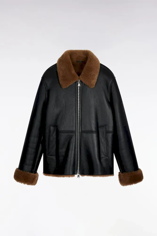 Blouson En Peau Lainée Noir Col Marron