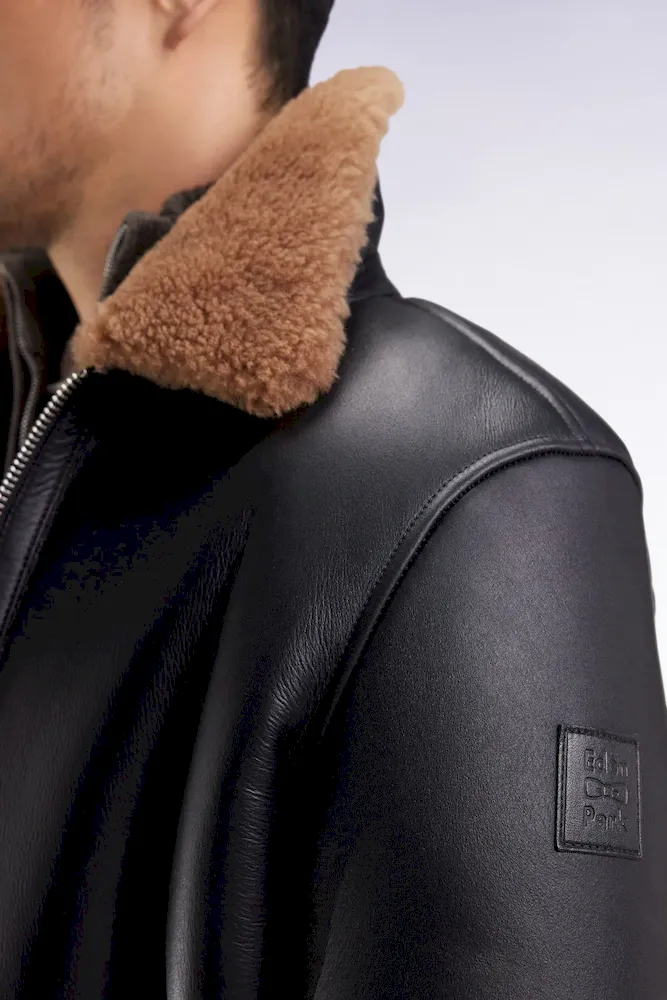 Blouson en peau lainée noir col marron – Bild 4