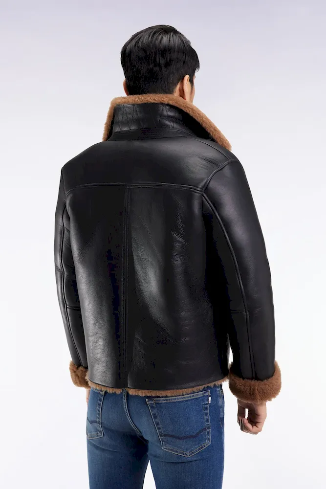 Blouson en peau lainée noir col marron – Bild 5