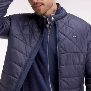 Doudoune bleue en nylon matelassé à col motard