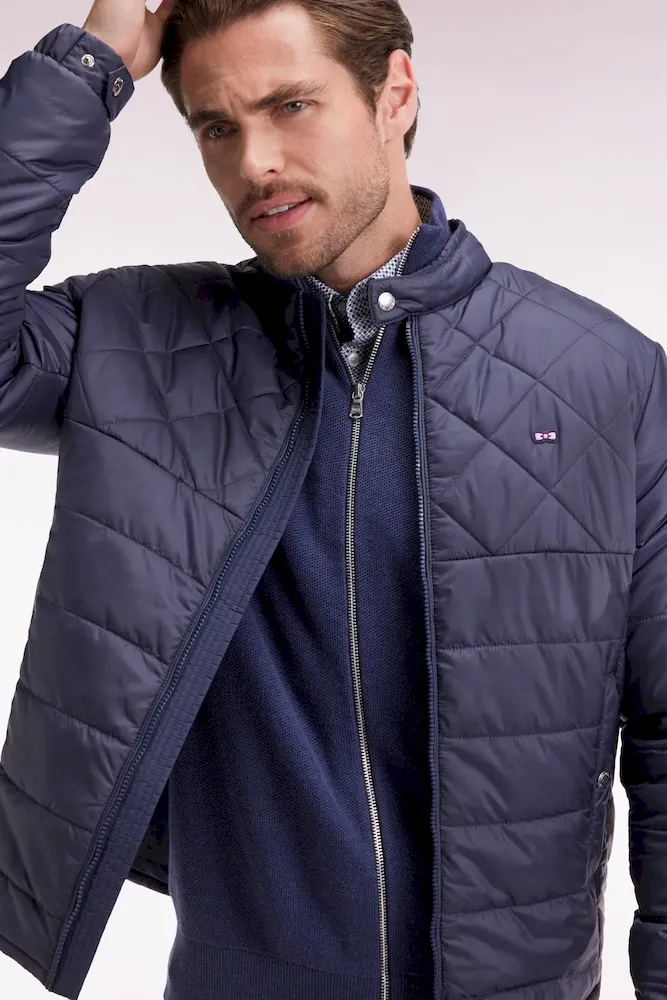 Doudoune bleue en nylon matelassé à col motard