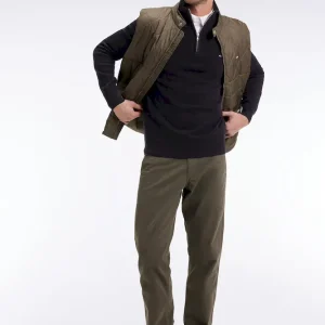 Doudoune sans manches col motard en nylon matelassé kaki