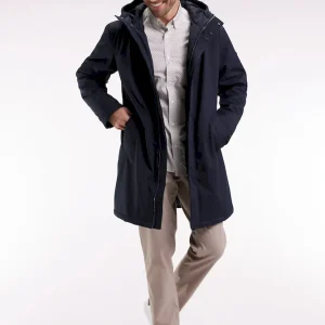 Parka longue en nylon marine à capuche intégrée