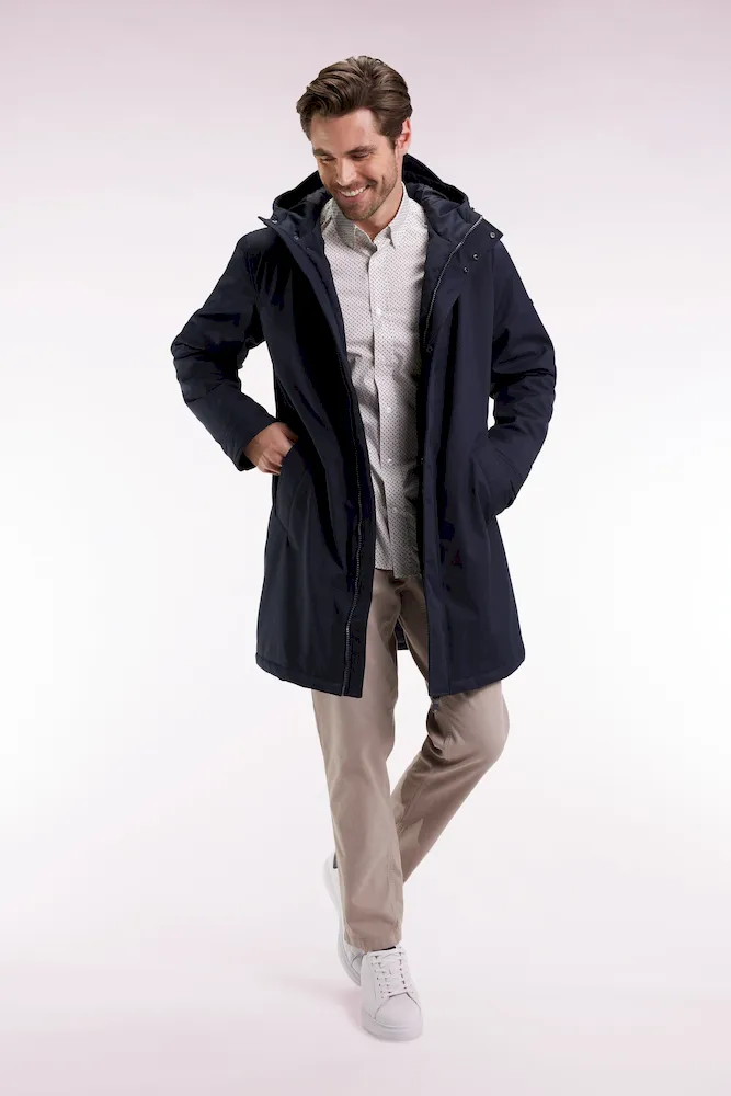 Parka longue en nylon marine à capuche intégrée