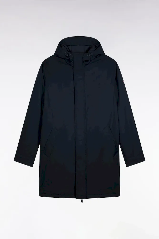 Parka Longue En Nylon Marine à Capuche Intégrée