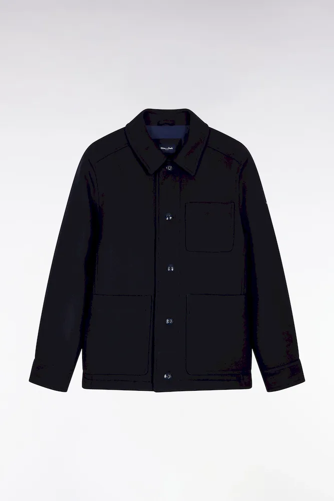 Surchemise En Twill De Laine Marine à Poches Plaquées