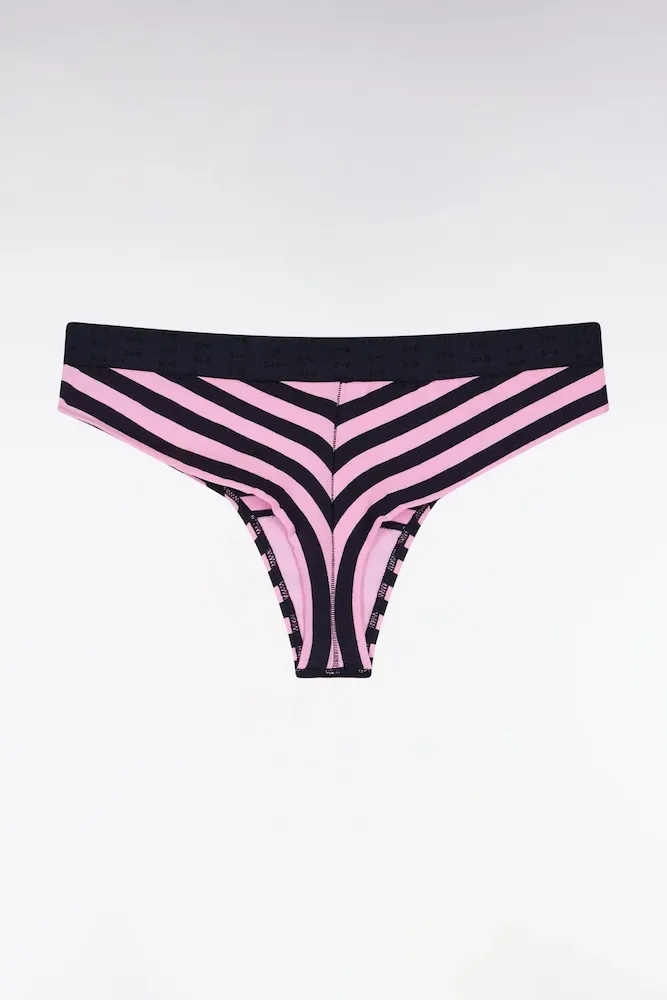 Culotte Tanga En Jersey Stretch Rayée Marine Et Rose