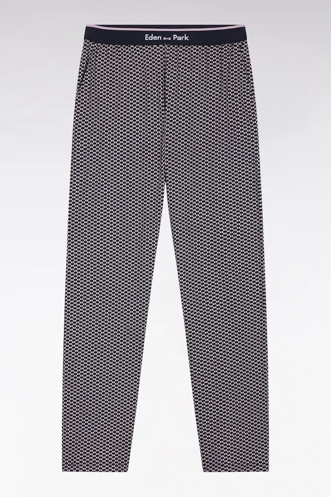 Pyjama Long En Jersey De Coton Marine Pantalon à Motifs Roses