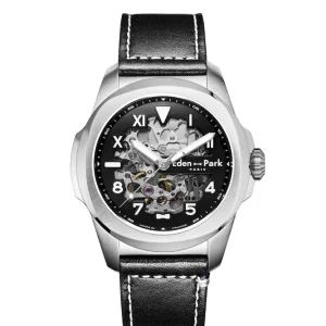 Montre automatique skeleton en cuir noir