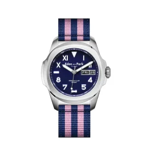 Montre à quartz indicateur date fond bleu bracelet NATO rayé