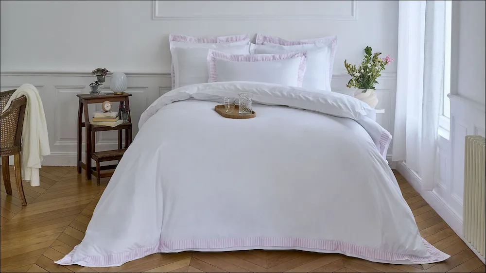 Housse de couette en percale de coton blanche bordures roses rayées – Bild 5