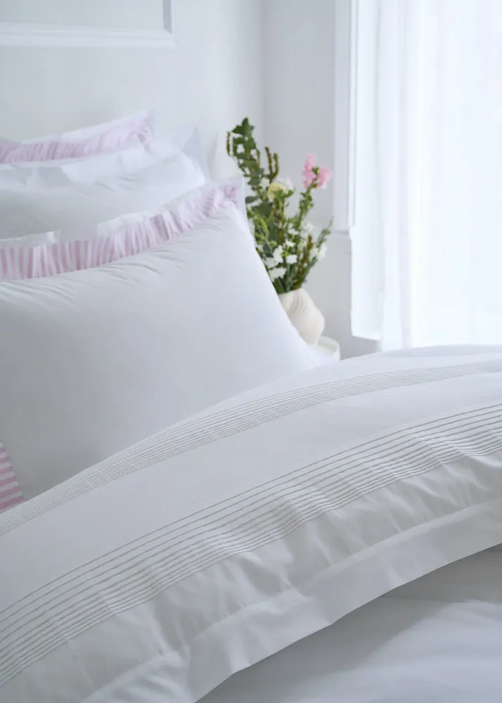 Housse de couette en percale de coton blanche bordures roses rayées – Bild 3