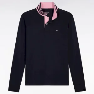 Alternative view of Polo manches longues bleu marine en coton avec col contrasté